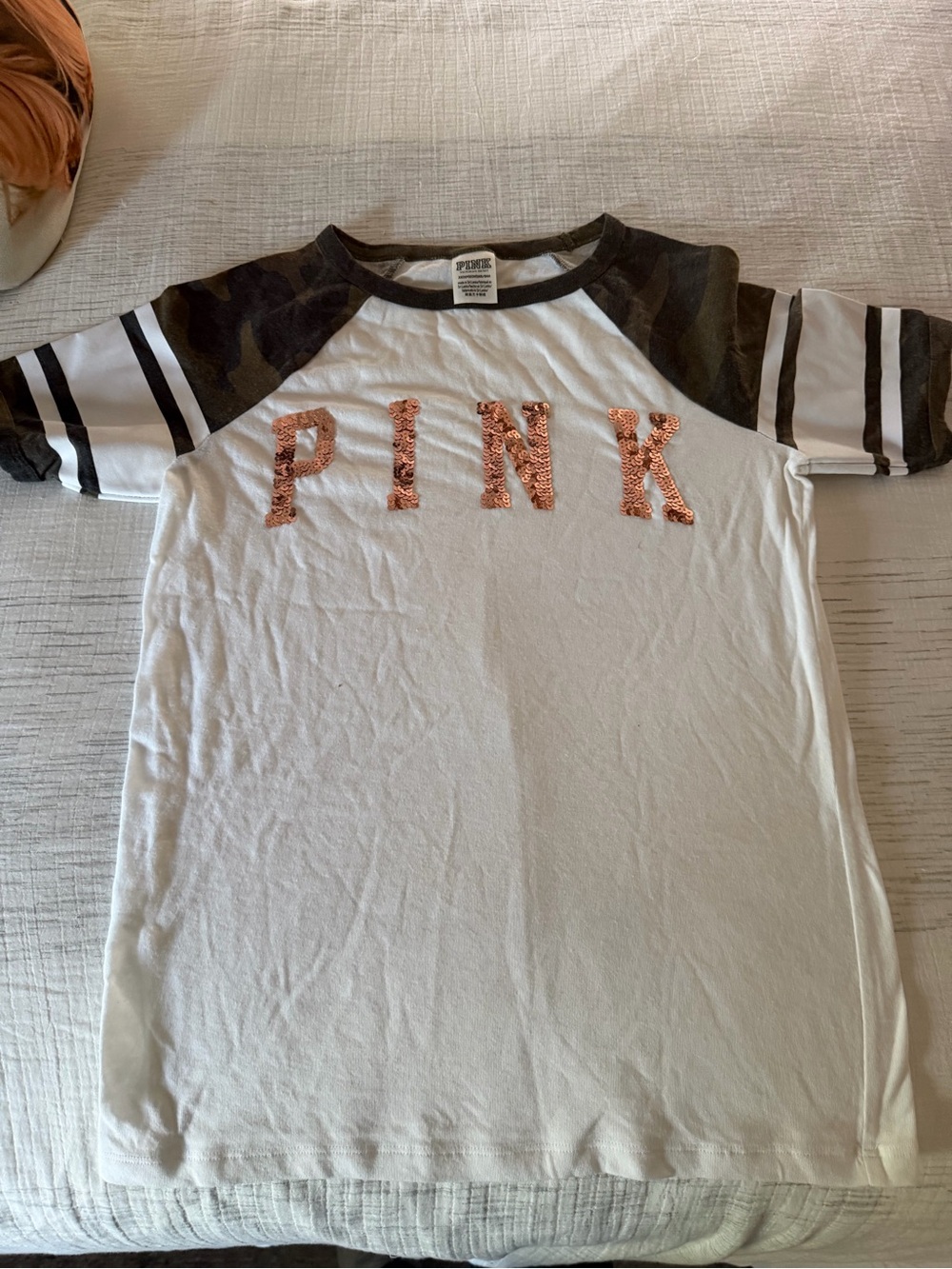 PINK Victoria's Secret White Tee with Rose Gold Sequin Logo and Camo Sleeves